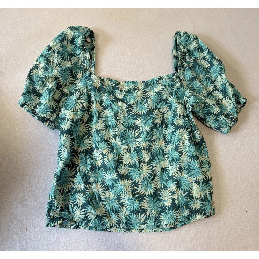 Michael Kors Women's Short Sleeve Nassau Teal Puff Sleeve Blouse Size XL NWT